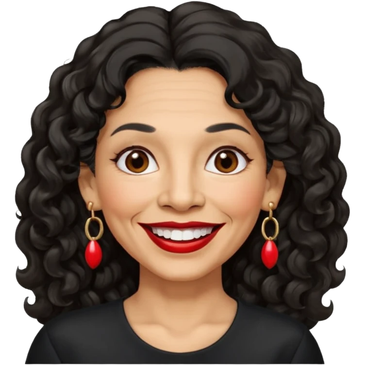 60 yr old peruvian woman, wavy/curly long black hair, red lipstick, big smile, white teeth, brown eyes, hoop earings, side part to hair, round face emoji