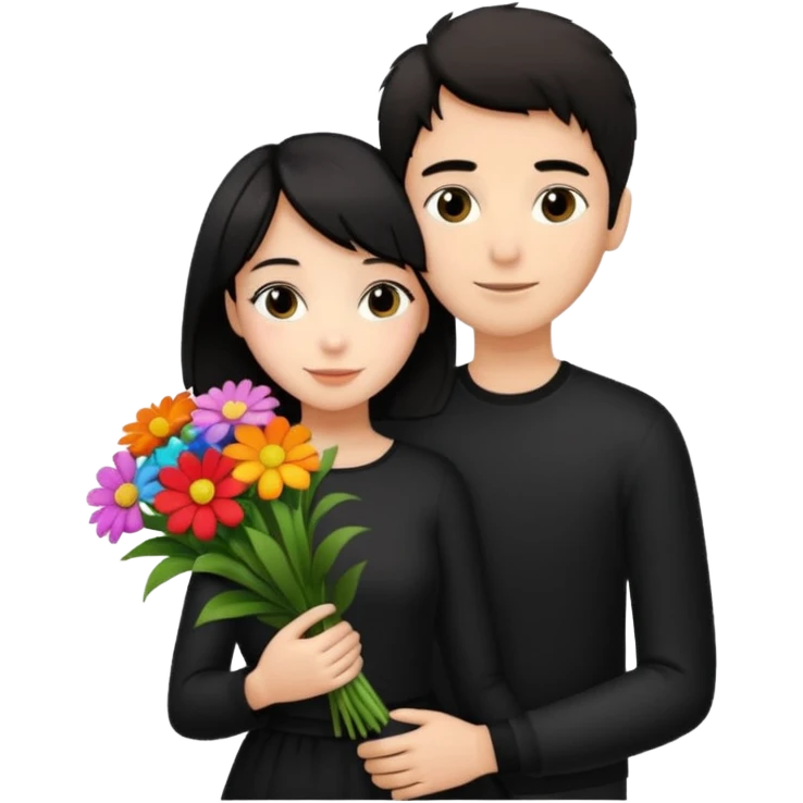 a pretty bratz fair girl with short black shaggy hair with a tall boy hugging her and flowers wearing black  emoji