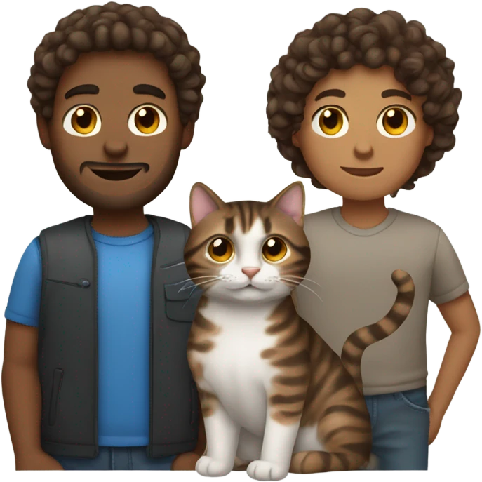 Man with brown curly hair holding dark brown tabby cat emoji