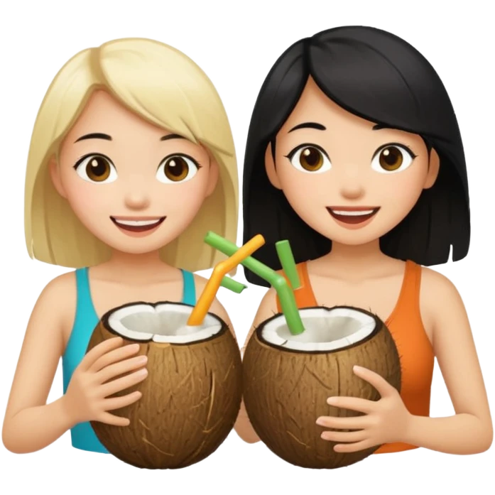 Two girls drinking out of a coconut one is Asian with black hair the other is white with blonde hair  emoji