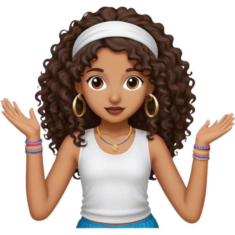 Dancing brown girl with long darn brown curly hair with headband hip hop emoji