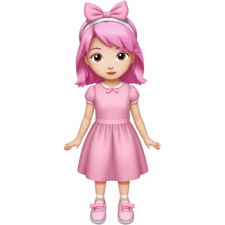 A girl wear a a pink pink dress and pink wacth and a pink hairband and a white shoes emoji
