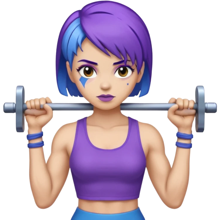 weight lift woman short blue purple har muscles bar is not growing from head emoji