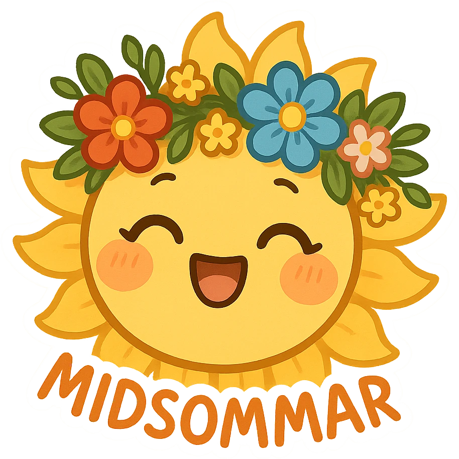 midsommar emoji with sun motif, cheerful expression, floral details, bright and colorful emoji