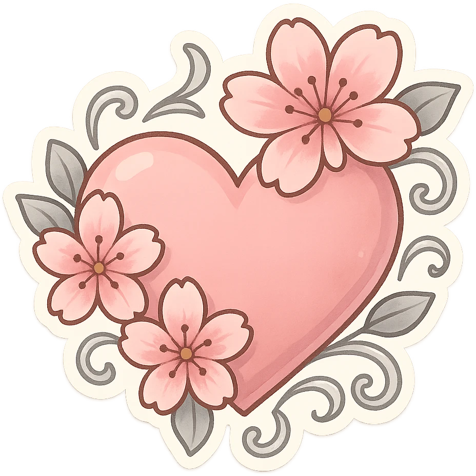 heart with sakura flowers and silver accents, chibi stickers style emoji