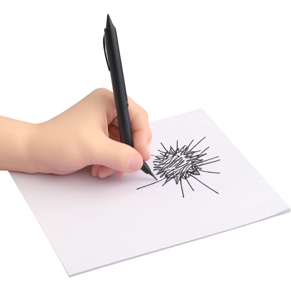 A hand holding a pen, aggressively scribbling on a piece of paper. The pen is clearly visible. The paper is filled with random black scribbles, so dense that most of it looks nearly black emoji
