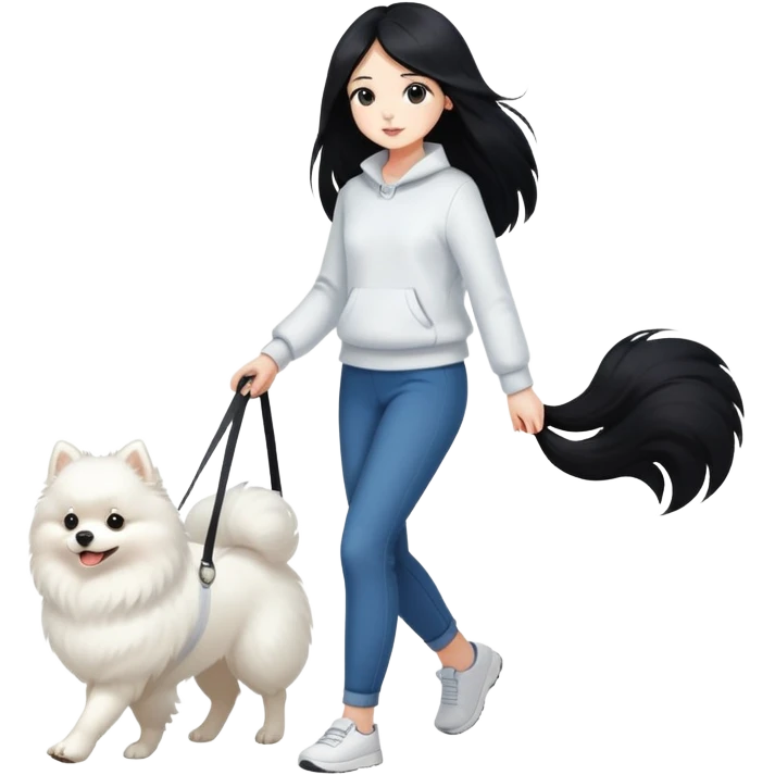 A girl with long black hair walks a white Pomeranian emoji