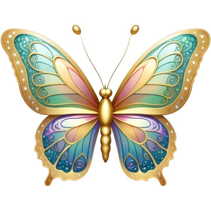 Pastel sparkly gold glittery iridescent rainbow transparent butterfly with detailed intricate patterns emoji