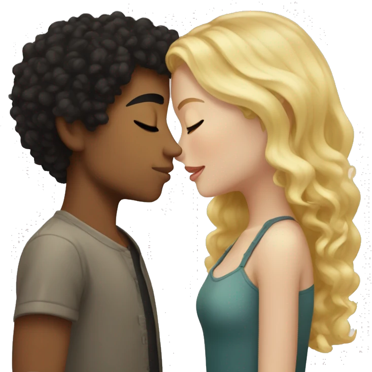 Blonde girl with freckles and closed eyes kissing boy with black curly hair and closed eyes and tan skin emoji