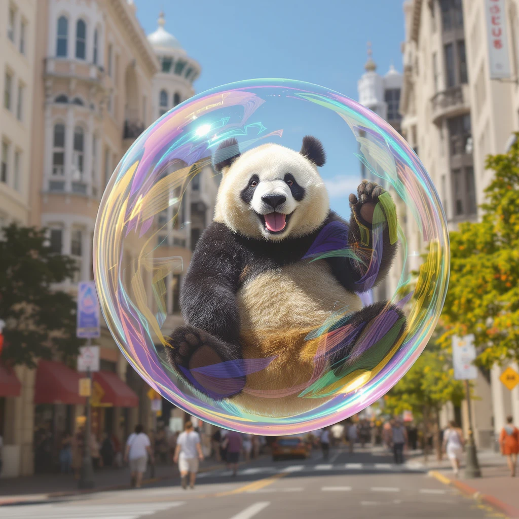 panda bear sitting in bubble flying around San Francisco downtown, sunny summer day, happy vibe emoji