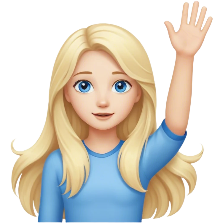 A cute blonde girl with long hair and blue eyes waves arm hello emoji