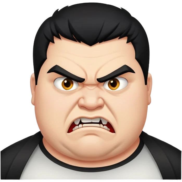 young angry fat man in profile view with black hair, fangs, crossed eyes emoji