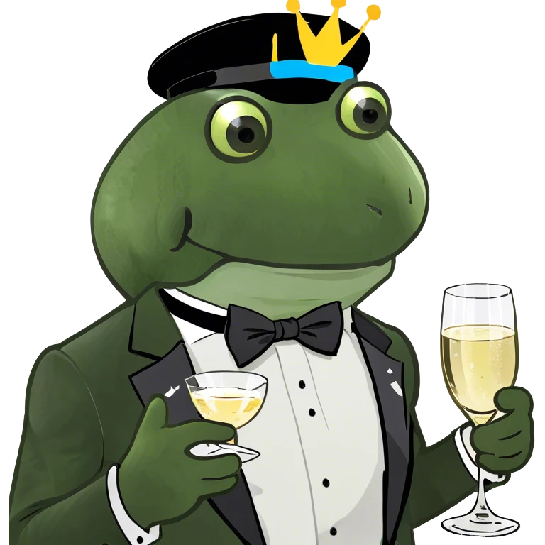 Frog wearing a tuxedo and a birthday hat drinking champagne  emoji
