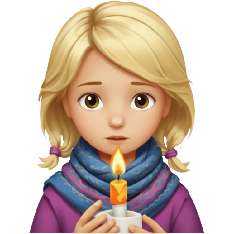 A little girl with messy blonde hair, wrapped in a thin scarf, lighting a match with shaky hands as warm light reflects in her eyes.
 emoji