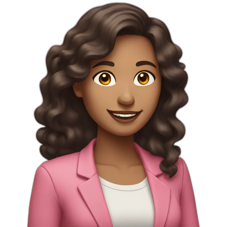 Woman with long dark brown hair with loose curls, pretty smile, dressed with a pink blazer emoji