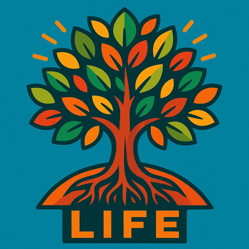 the concept of life, represented as a vibrant tree with roots and leaves, colorful style emoji