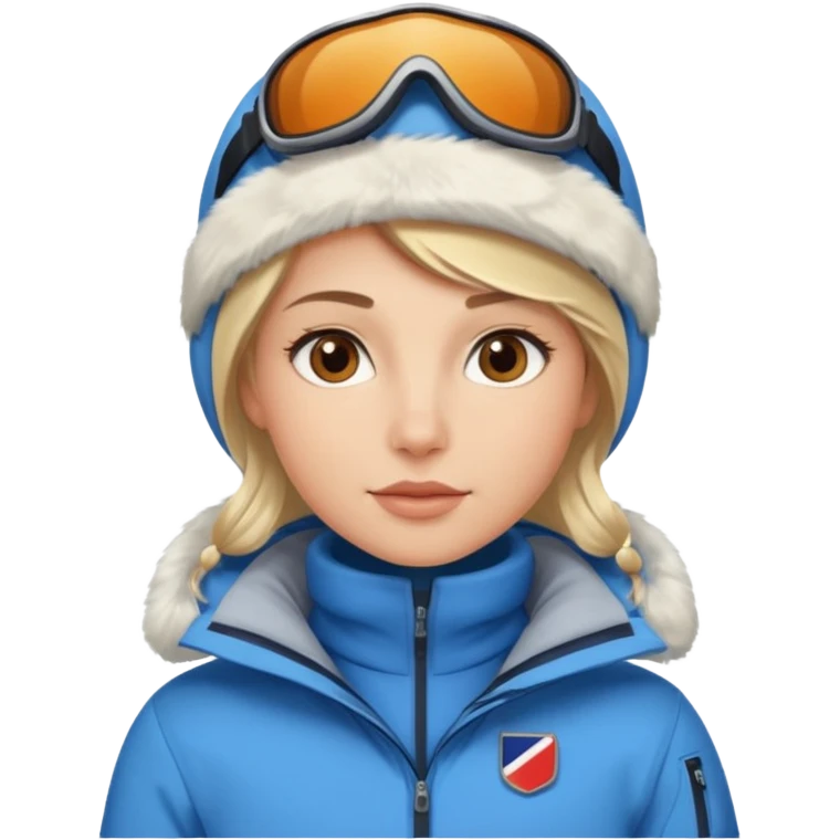 Luxury blonde model, brown eyes, polar explorer, blue clothes, skiing clothes emoji