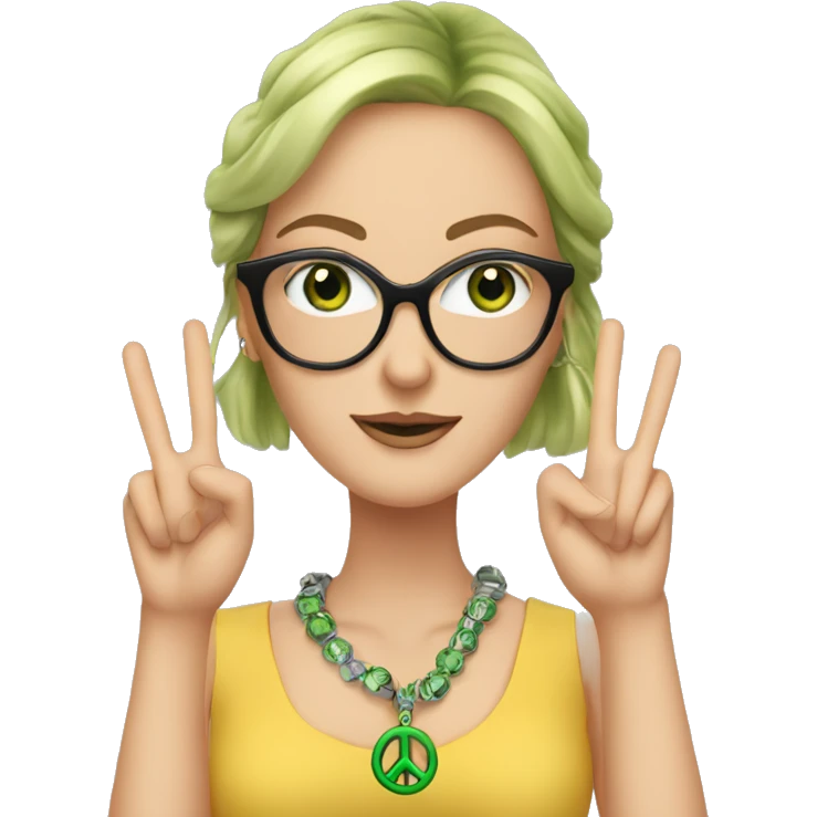 A white women with glasses, and green eyes and doing the peace sign with bracelets around her wrists and fake lashes emoji