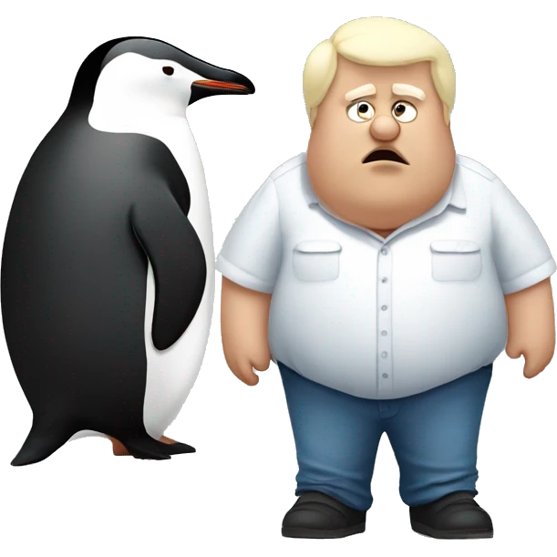 Tired Old obese blonde man standing next to a penguin emoji