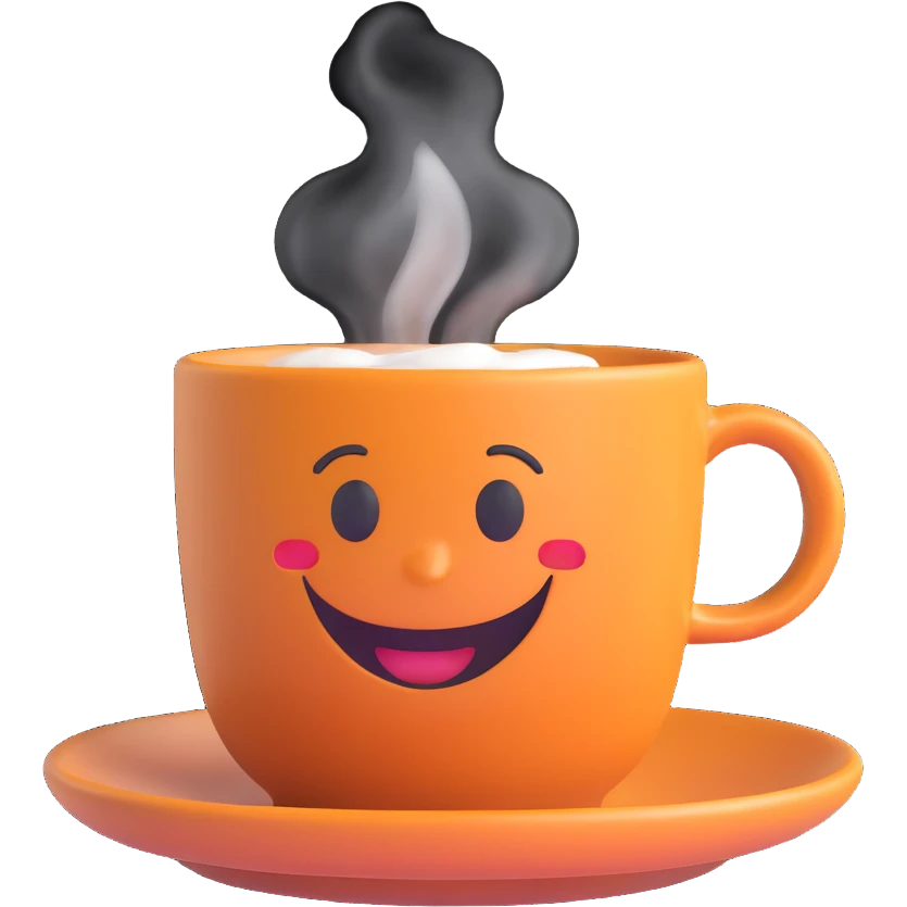 3D emoji style espresso cup with saucer, steam rising, smiling face emoji