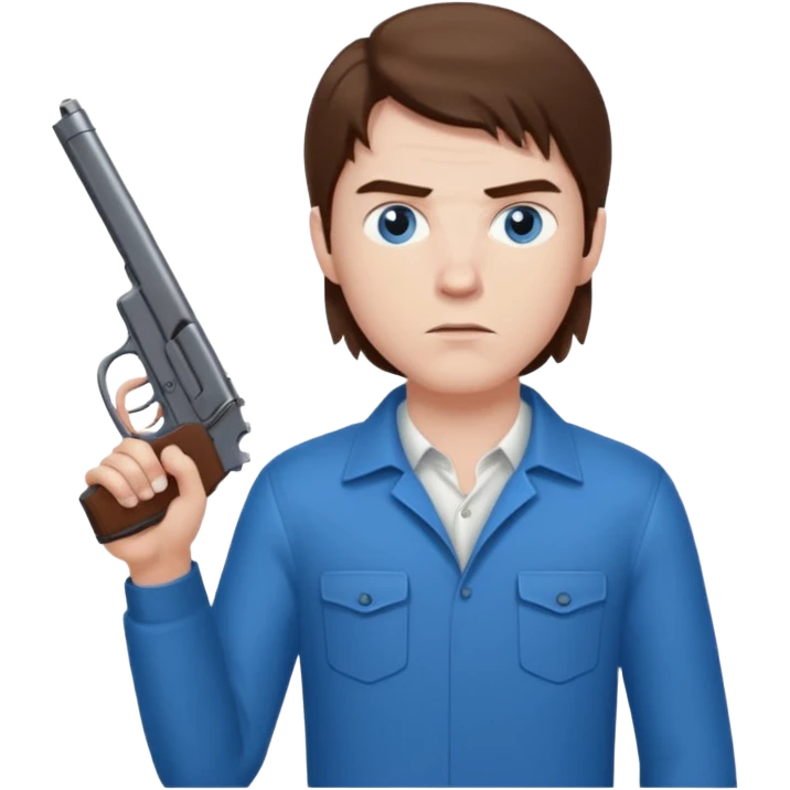 guy w medium long brown hair and blue eyes shooting himself emoji