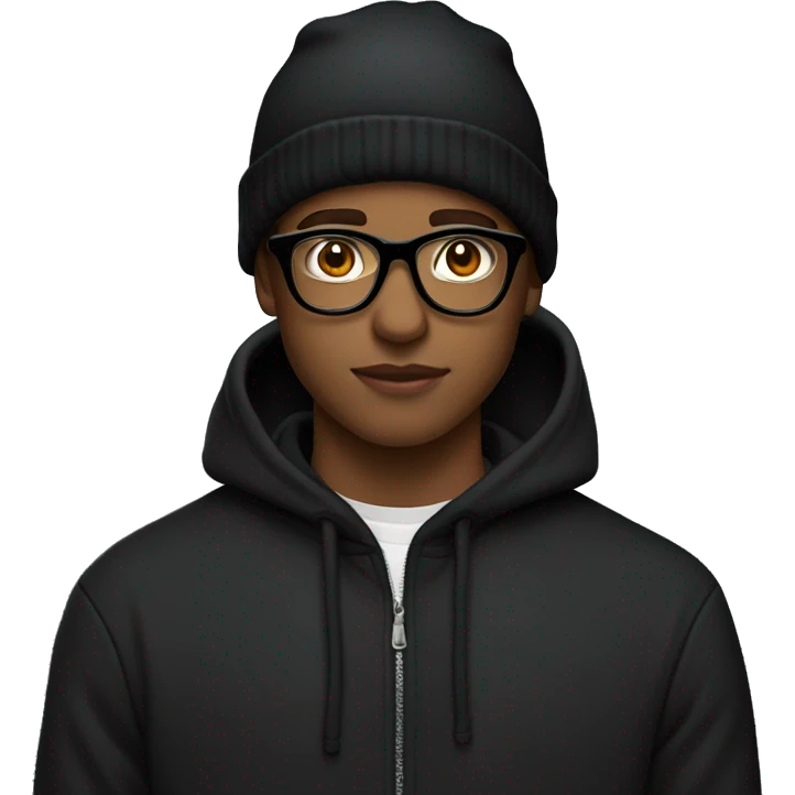 A 17 year old man with a black hoodie, black beane hat and par off glasses make it in style of apple emoji emoji