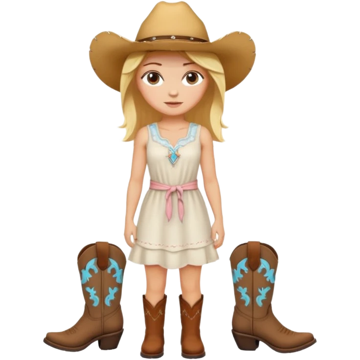 Please give me the woman standing emoji with a peach skin tone, medium length blonde hair, and dark brown eyes. Please make her wear a white sundress and brown cowgirl boots emoji