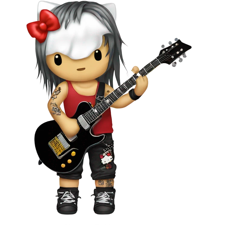 Hello kitty wearing rockstar tanktop with thunder tatoo on the face with x japan hair style holding the elec guitar emoji