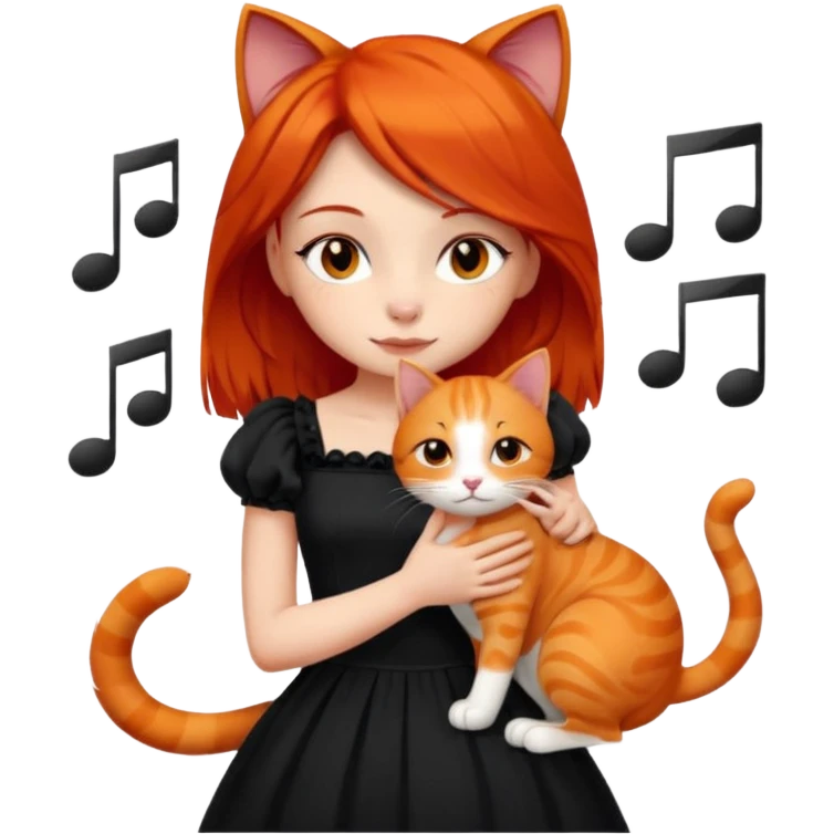 Girl with red hair with black eyes wearing beautiful dress and hug a orange cat and leasing to music   emoji