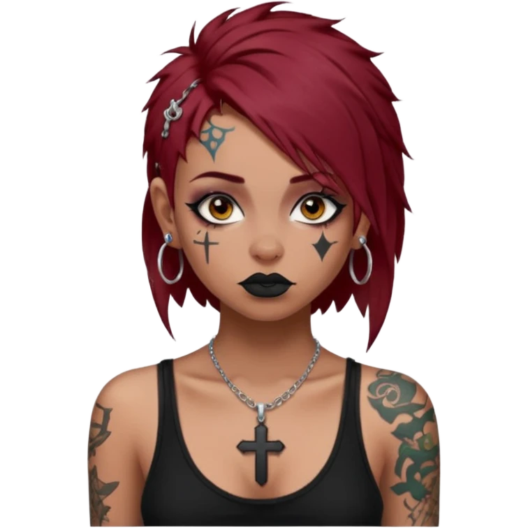 generate an ios genmoji of a girl with dark red messy hair with eyeliner on. septum piercing, wearing a cami black top, has tattoos, on shoulders. ear piercings. wearing a cross silver necklace emoji