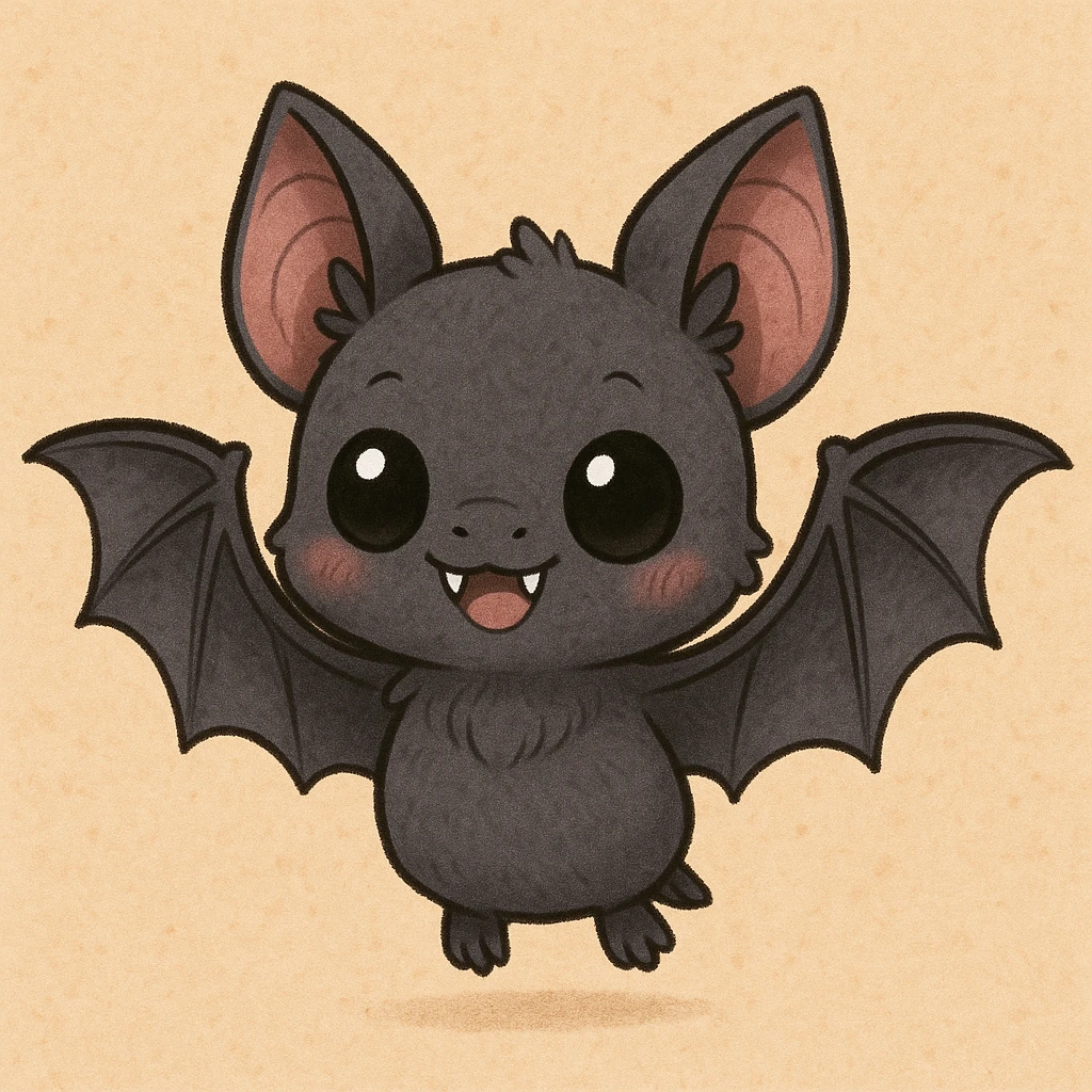 a cute chibi-style vampire bat, wings spread, two little fangs showing emoji