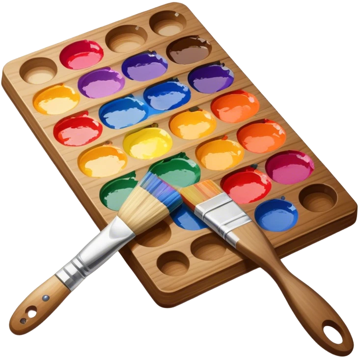 Cinematic Realistic image of a vibrant paint palette and brush, featuring a wooden palette smeared with an array of richly blended colors and a finely detailed brush with soft, delicate bristles, set against a softly textured background that evokes artistic inspiration emoji