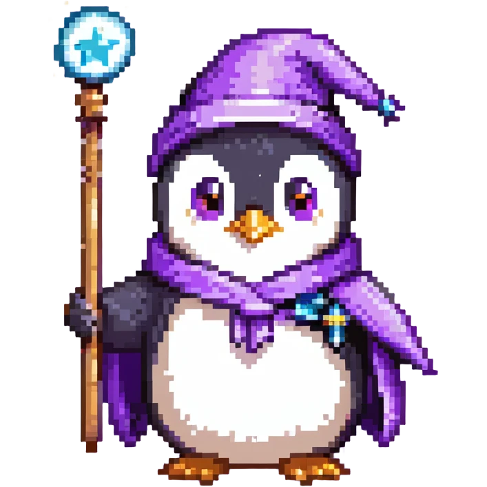 penguin wizard with a purple robe and magic wand emoji