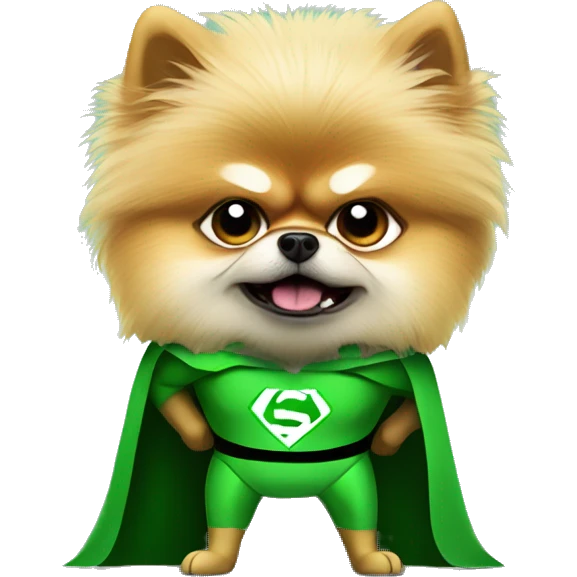 angry pomeranian in green superhero suit emoji