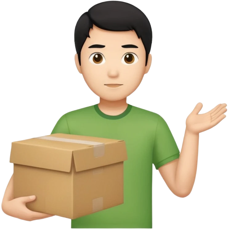 black haired asian man green shirt holding cardboard box emoji