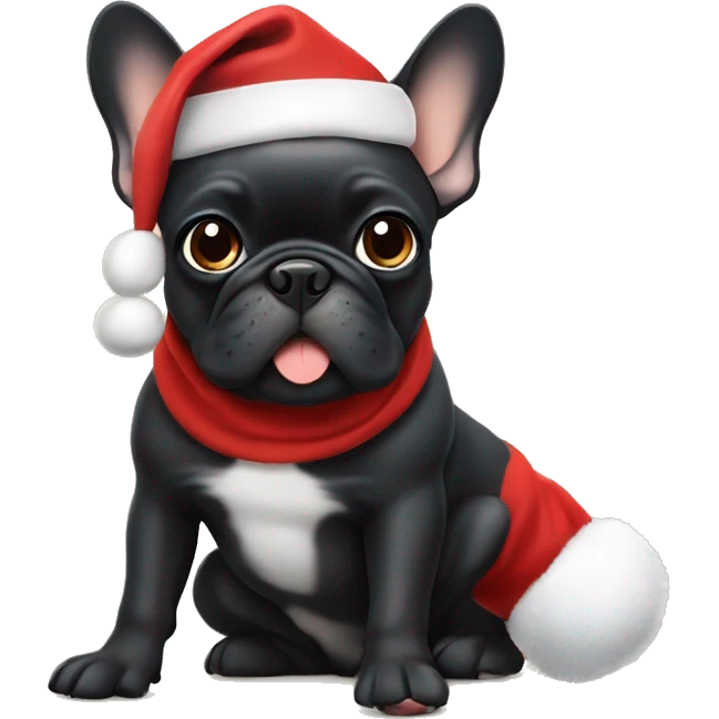 Mostly Black frenchie with tan paws wearing Santa hat and sitting emoji