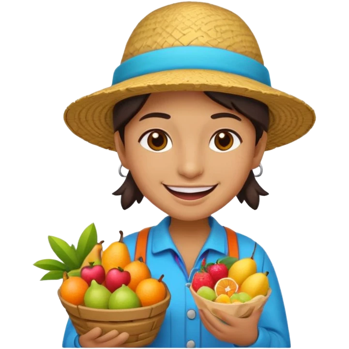 3D emoji illustration of a Peruvian street vendor, selling fruits and snacks on the sidewalk, smiling, urban neighborhood in background, bright colors, cartoon style, bold outlines, glossy sticker, transparent background emoji