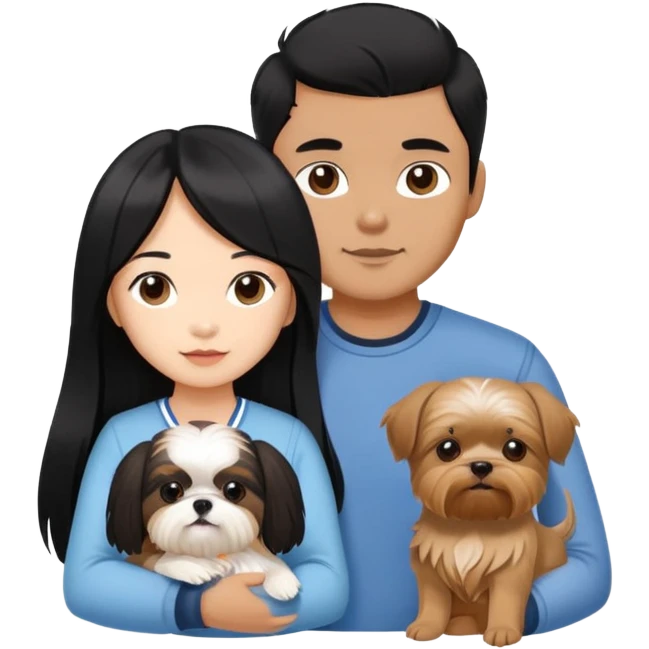 A beautiful Asian girl with long black hair is holding a Yorkshire Terrier. She is standing next to her brown skinned boyfriend, who is holding a Shih Tzu. They are each holding one dog each emoji