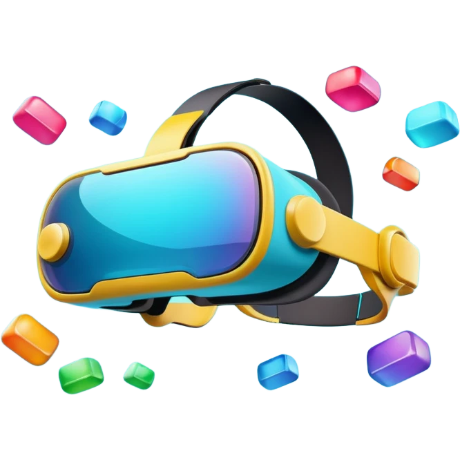 Show a VR headset or AR glasses, symbolizing the immersive experience. Include virtual objects or a 3D scene floating in the air in front of the headset. Use modern, tech-inspired colors. Do not include any emojis or smiley faces. Make the background transparent. emoji