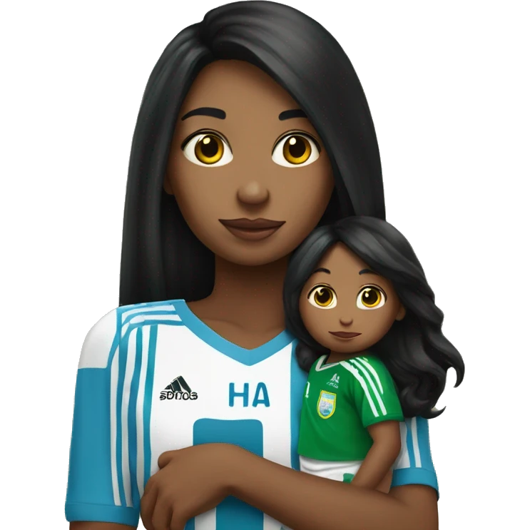 Girl with long black hair wearing a half Argentina half Nigerian jersey holding a baby  emoji