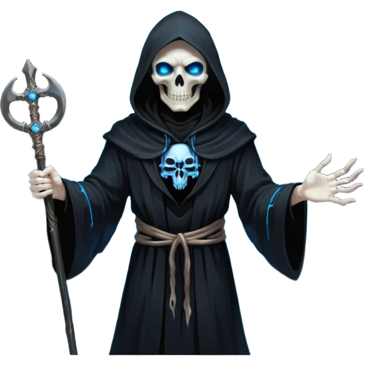 portrait of a god of death in black robes, skeletal hands, glowing blue eyes under a shadowed hood, scythe in hand, floating slightly above the ground, surrounded by spirits emoji