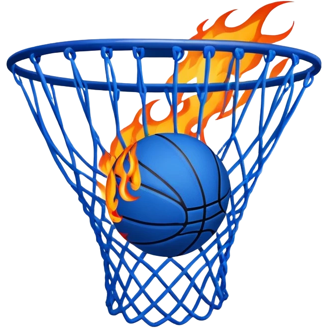 Blue basketball with flames effect passing through net, dramatic sports moment, iOS emoji style emoji