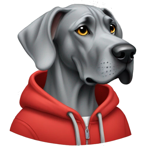 Grey Great Dane wearing a red hoodie emoji
