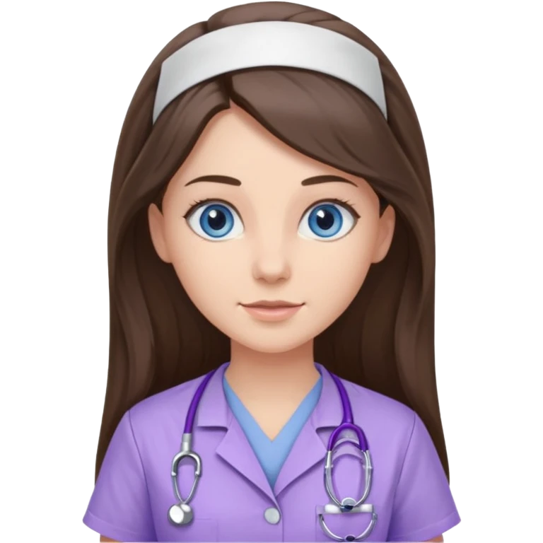 pretty brunette nurse with long hair and blue eyes in lilac scrubs emoji