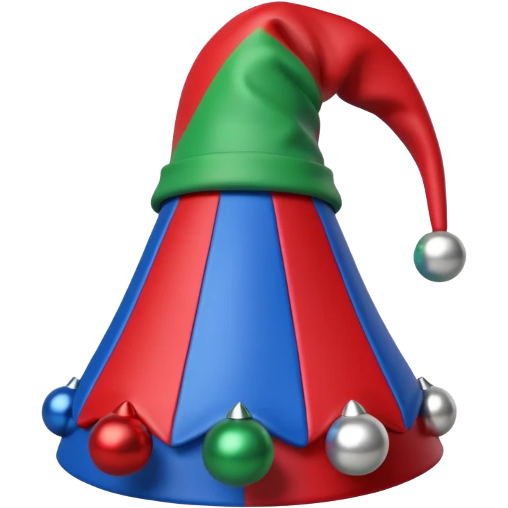 A 3D cartoon jester hat in red, blue, and green with bells, simple light background, Memoji-style rendering. emoji
