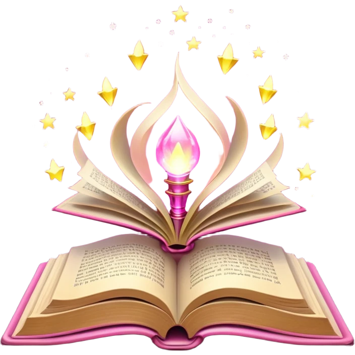 An open pink book with magical lights emerging from its pages emoji