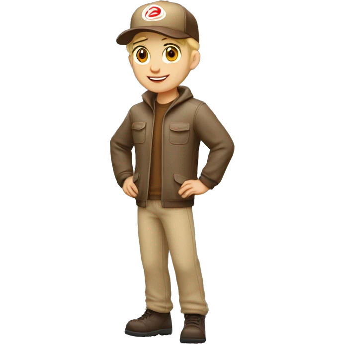 Blonde Delivery boy, full body, light skin tone, wearing brown cap and brown jacket, UPS delivery company uniform loading a package without background emoji