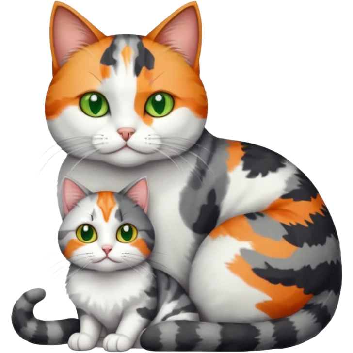 full body colourful light patched calico + white tabby cat cuddling a large grey and white cat  emoji