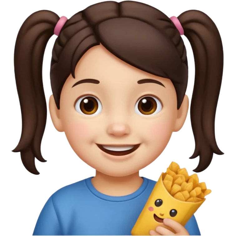 Toddler emoji with two pigtails dark brown hair, fair skin, holding snacks emoji