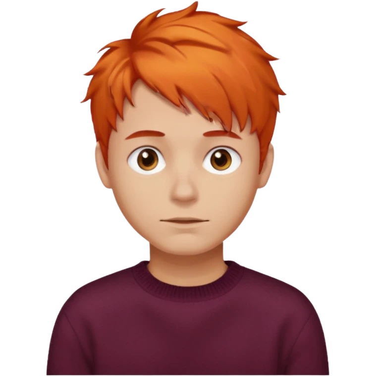 A guy with orange hair, short and messy, dark brown eyes, with a burgundy sweater emoji